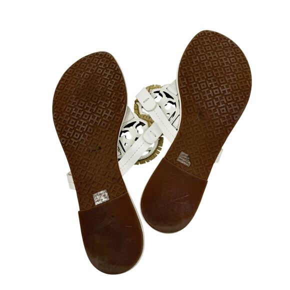 TORY BURCH Metallic Gold Cream Fringe Miller Logo Sandals Flip Flops Size 8 - Picture 9 of 9